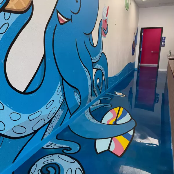 Metallic floor and stencil installed for @sunsetsmoothies_dunedin