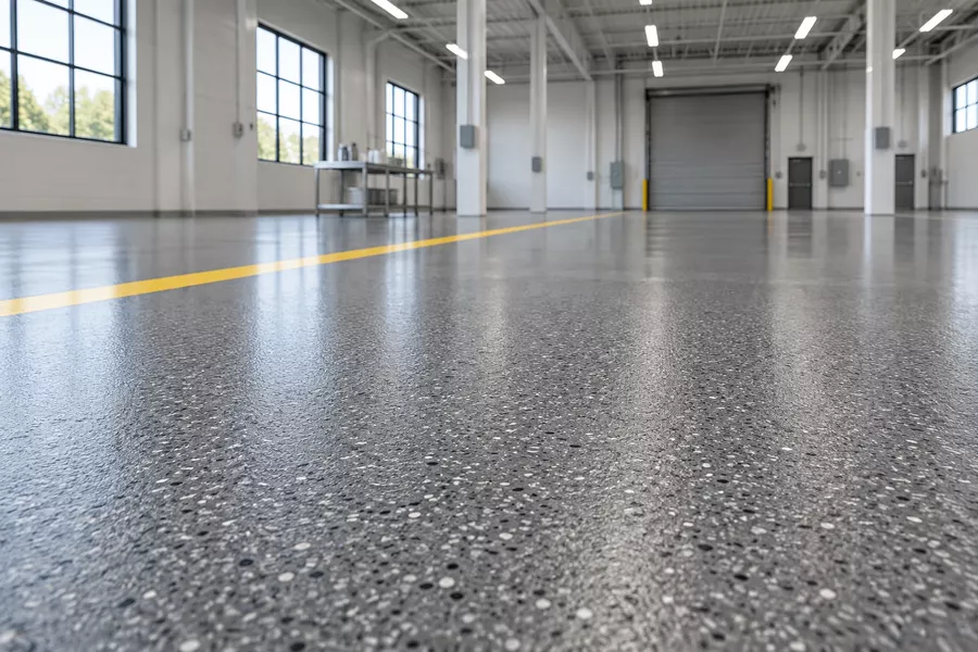 Commercial epoxy floor coating with gray flake and safety markings in a Tampa, FL warehouse