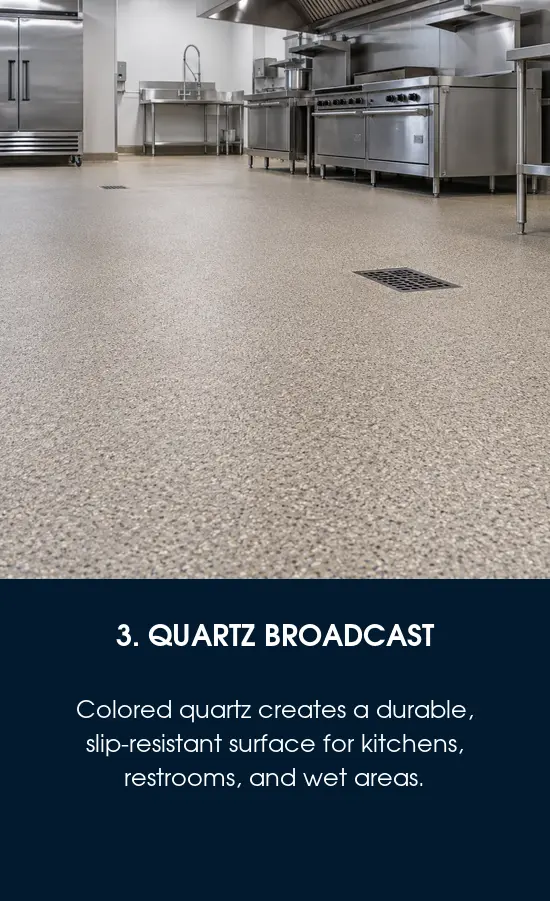 Commercial kitchen epoxy flooring with a quartz broadcast in Tampa, FL