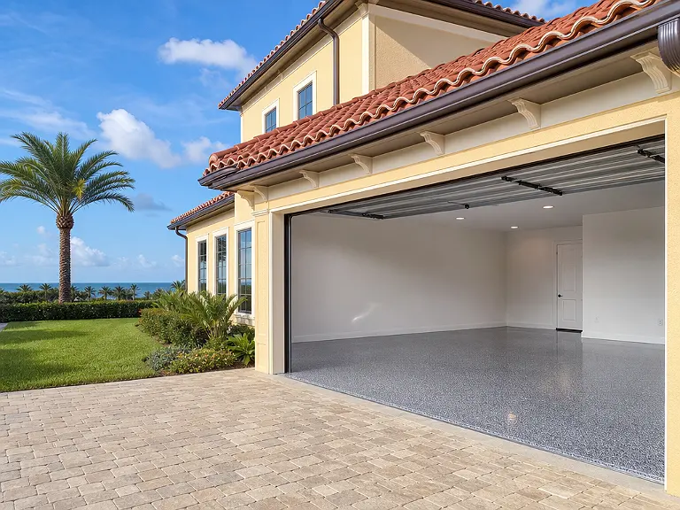 Decorative flake garage floor shown on the Belleair Beach service page.