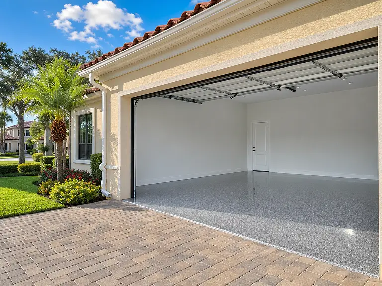 Decorative flake garage floor shown on the Belleair service page.