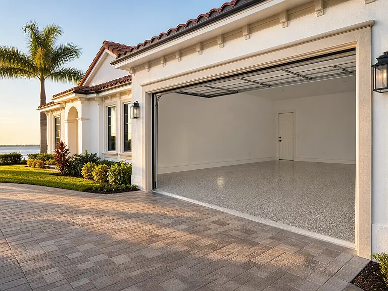 Decorative flake garage floor shown on the Belleair Shore service page.