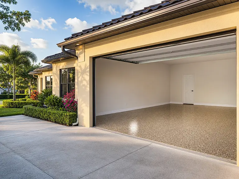 Decorative flake garage floor shown on the Brandon service page.