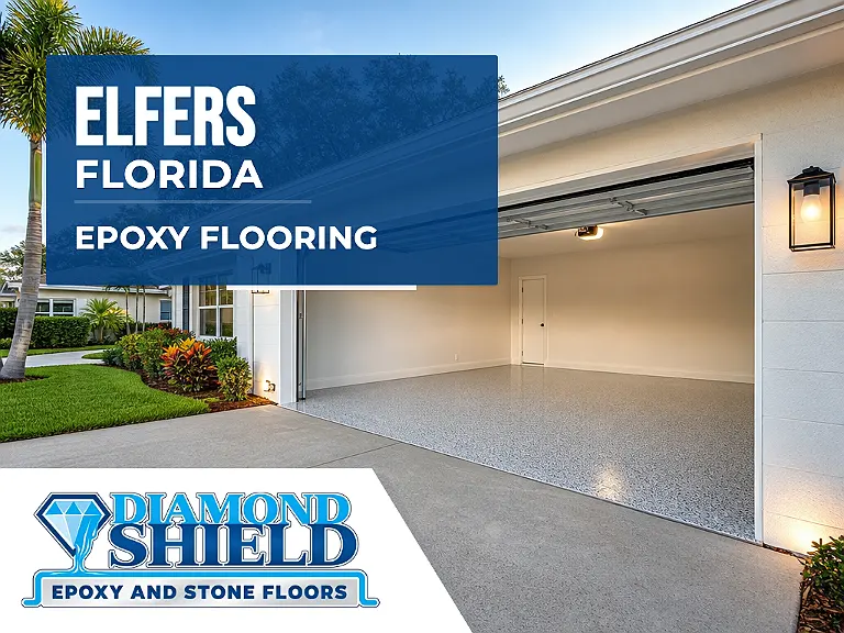DiamondShield epoxy flooring services in Elfers, Florida.