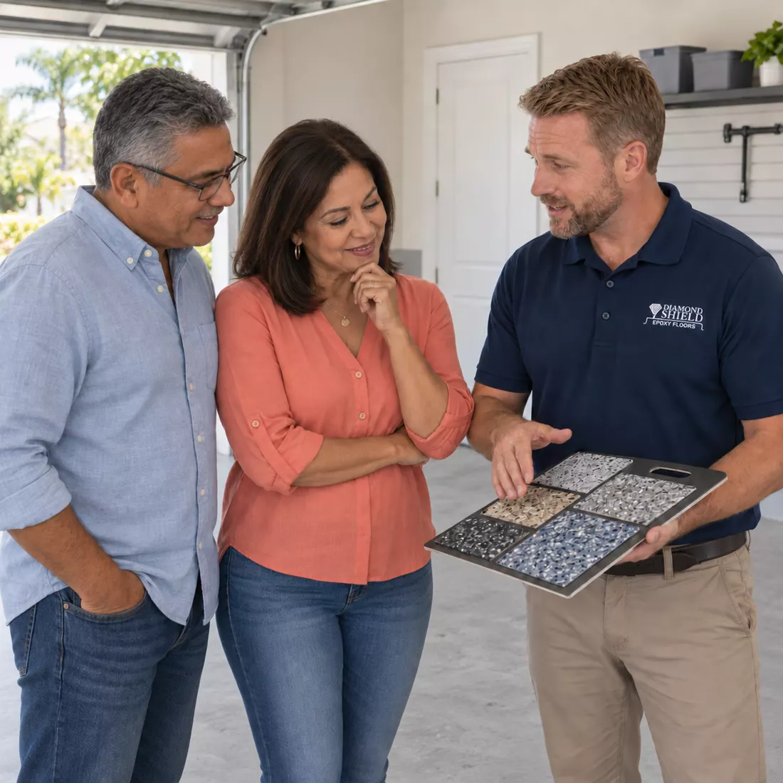 DiamondShield representative showing epoxy flooring samples to Tampa, FL homeowners