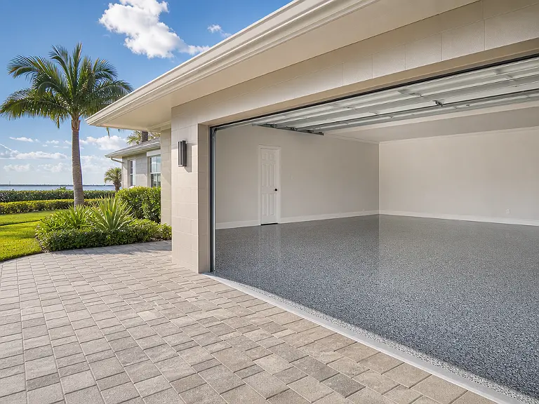 Decorative flake garage floor shown on the Crystal Beach service page.