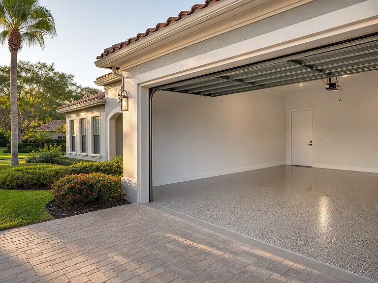 Decorative flake garage floor shown on the East Lake service page.