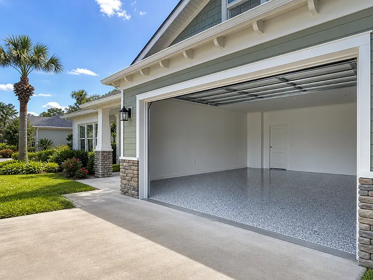 Decorative flake garage floor shown on the Ellenton service page.