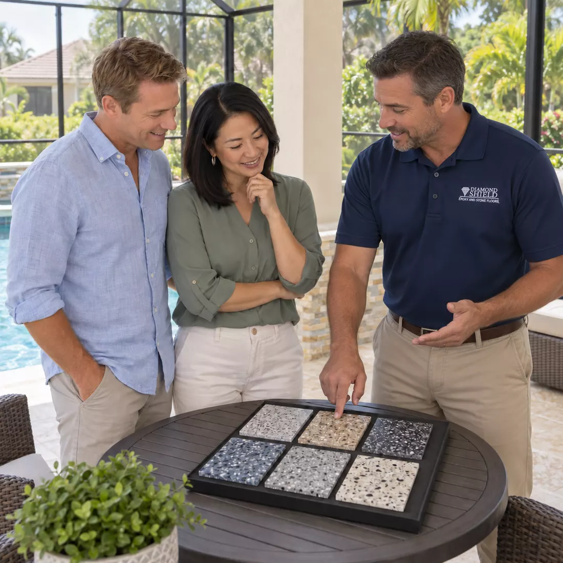 DiamondShield estimator reviewing epoxy flooring samples with Tampa Bay homeowners
