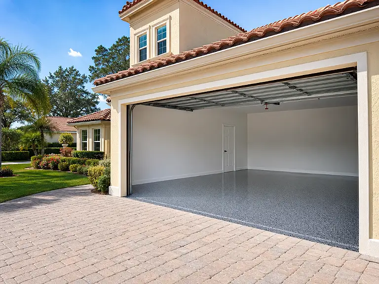 Decorative flake garage floor shown on the Feather Sound service page.