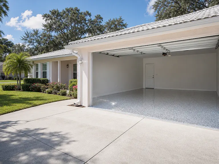 Decorative flake garage floor shown on the Gandy service page.