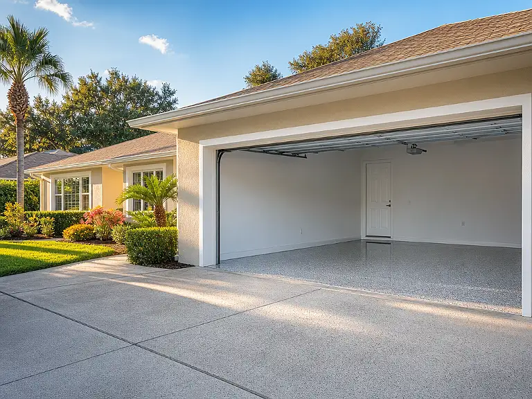 Decorative flake garage floor shown on the Holiday service page.