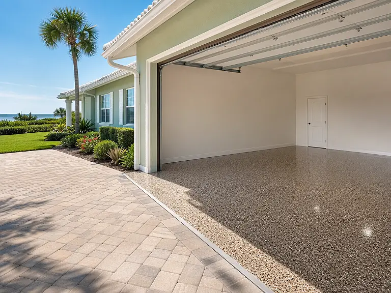 Decorative flake garage floor shown on the Indian Shores service page.
