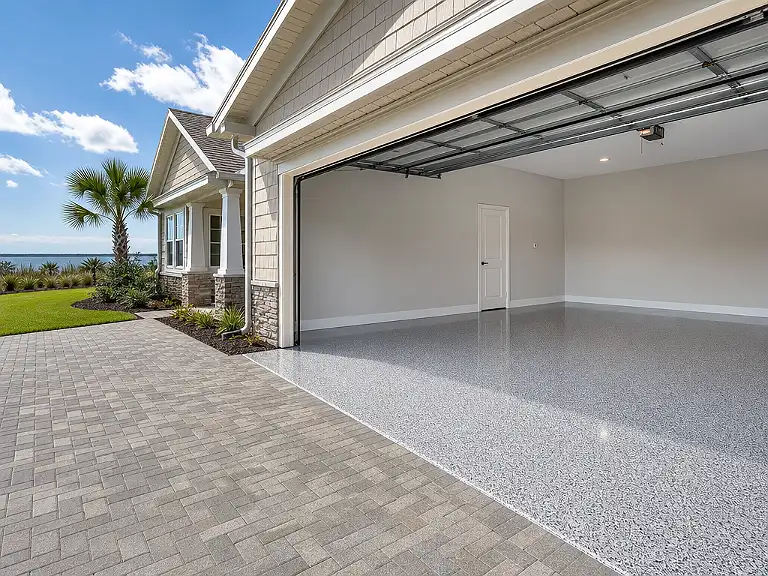 Decorative flake garage floor shown on the Key Vista service page.