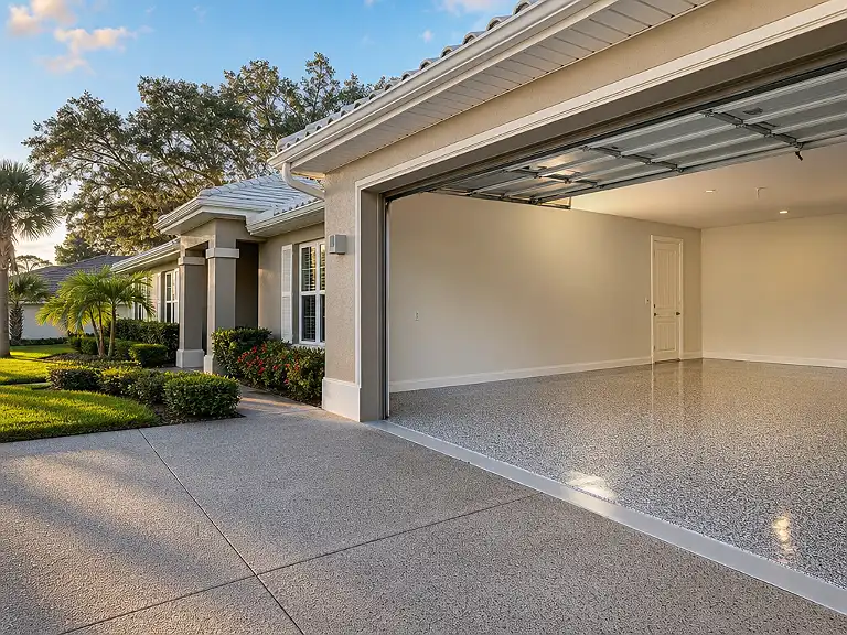 Decorative flake garage floor shown on the Lealman service page.
