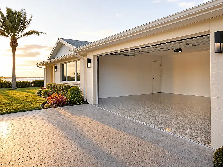 Decorative flake garage floor shown on the Madeira Beach service page.
