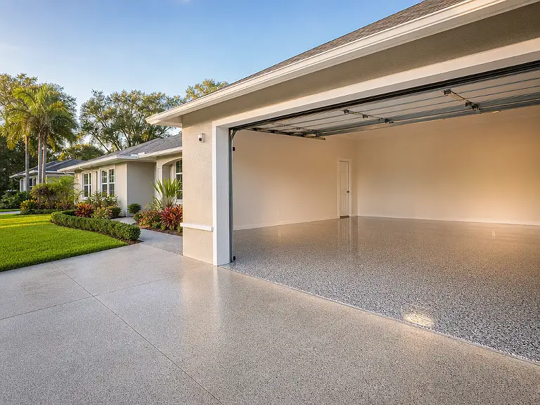 Decorative flake garage floor shown on the Mango service page.
