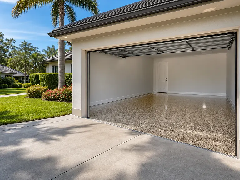 Decorative flake garage floor shown on the Odessa service page.