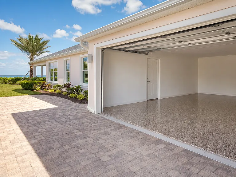 Decorative flake garage floor shown on the Ozona service page.