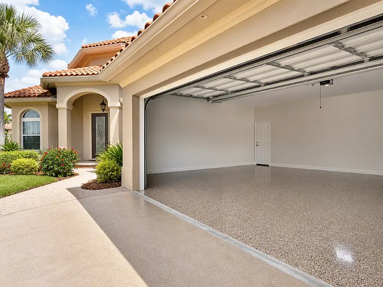 Decorative flake garage floor shown on the Palm Harbor service page.
