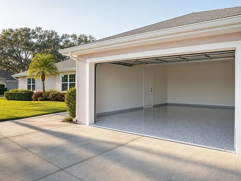 Decorative flake garage floor shown on the Pinellas Park service page.