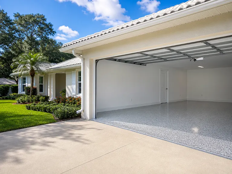 Decorative flake garage floor shown on the Rubonia service page.