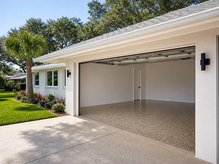 Decorative flake garage floor shown on the Samoset service page.