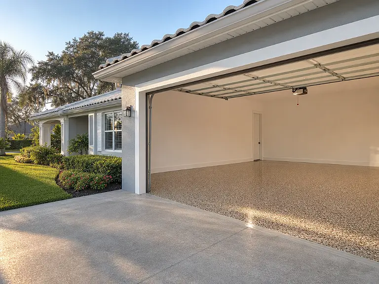 Decorative flake garage floor shown on the Seven Springs service page.