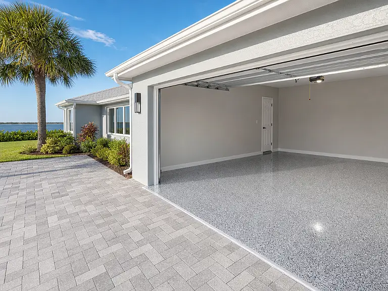 Decorative flake garage floor shown on the St. Pete Beach service page.