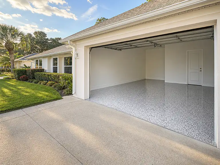 Decorative flake garage floor shown on the Temple Terrace service page.