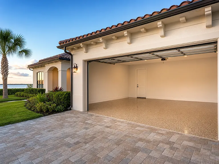 Decorative flake garage floor shown on the Tierra Verde service page.
