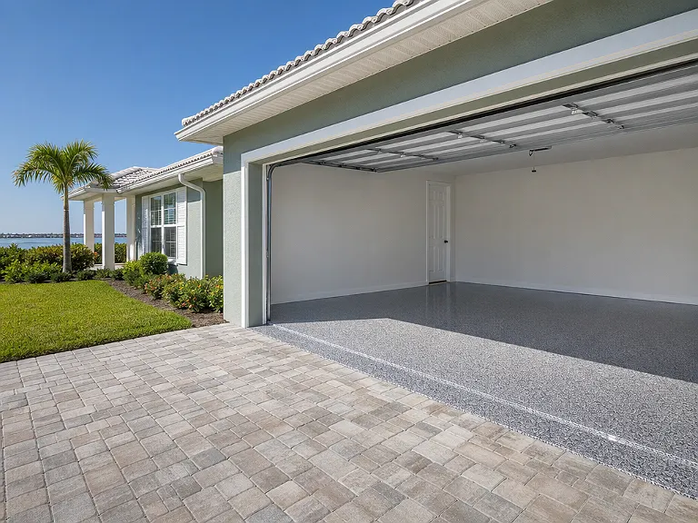 Decorative flake garage floor shown on the Treasure Island service page.