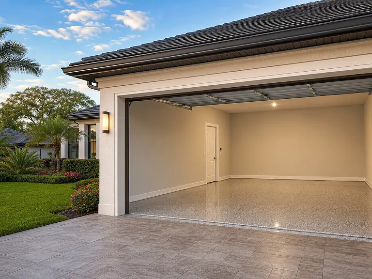 Decorative flake garage floor shown on the Trinity service page.