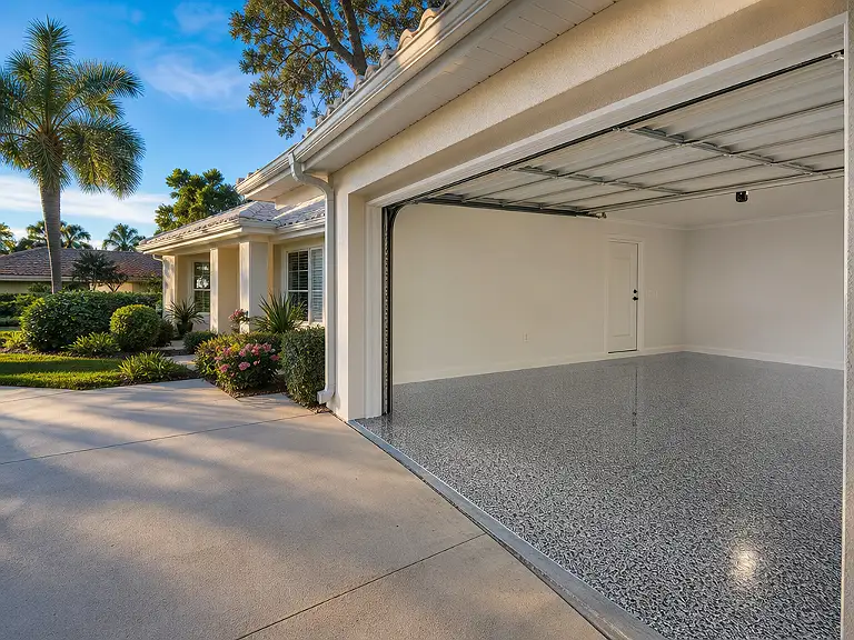 Decorative flake garage floor shown on the University service page.