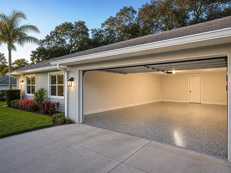 Decorative flake garage floor shown on the West Samoset service page.