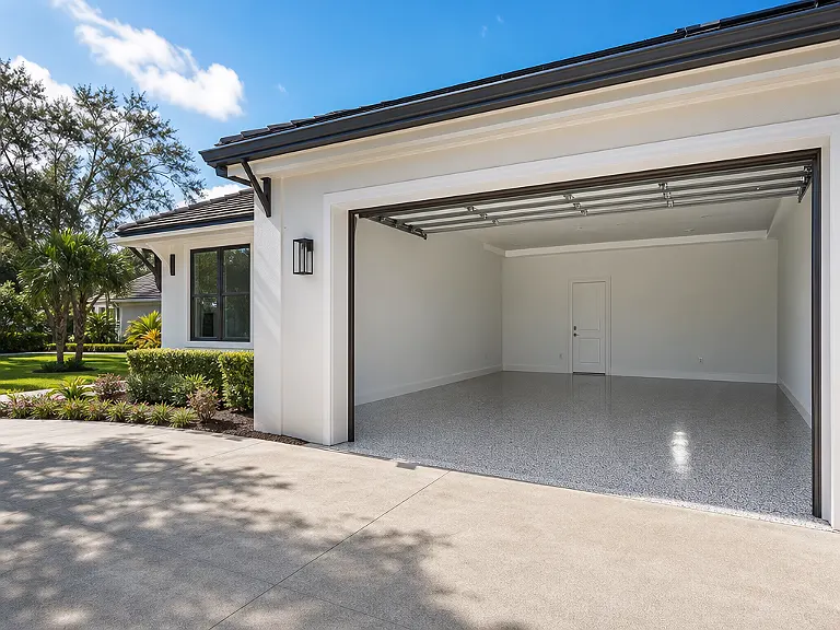 Decorative flake garage floor shown on the Westchase service page.