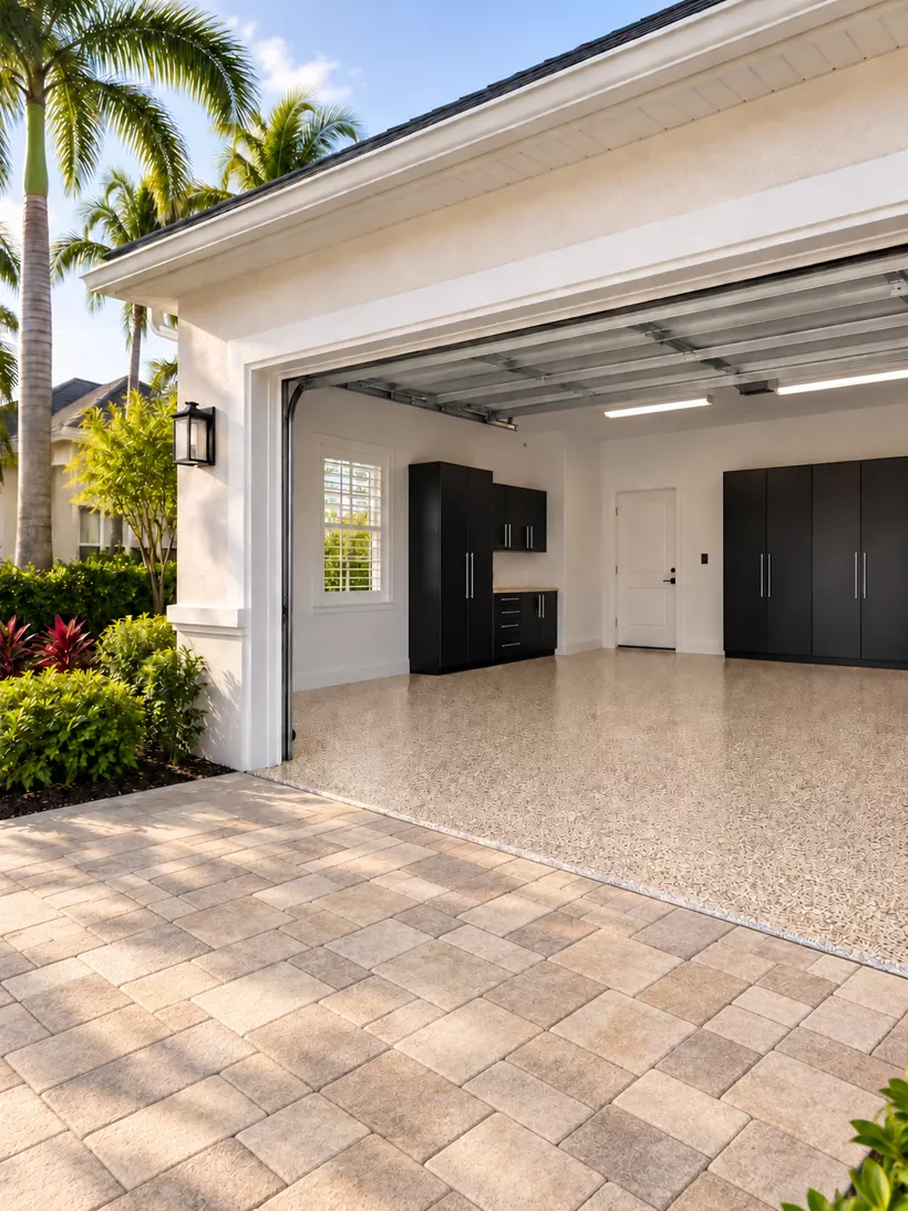 Tan full-flake garage floor coating next to a paver driveway in Tampa, FL