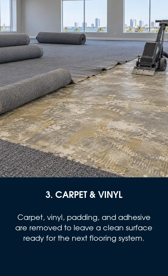 Floor removal of carpet and vinyl in a Tampa, FL office