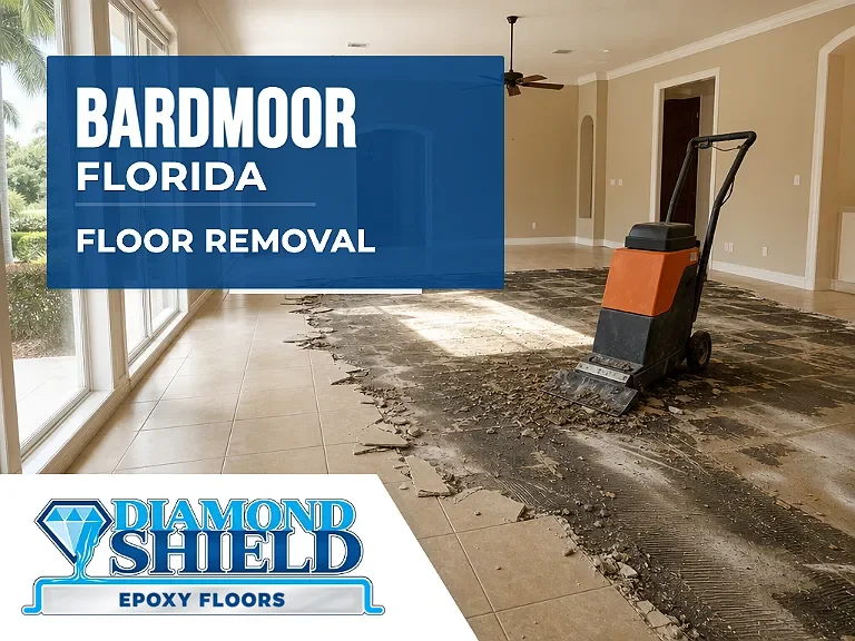 Floor removal company machine lifting tile from a slab in Bardmoor, FL