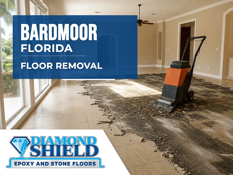 Floor removal company machine lifting tile from a slab in Bardmoor, FL