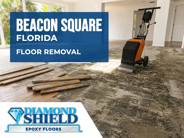 Floor removal company machine lifting tile from a slab in Beacon Square, FL
