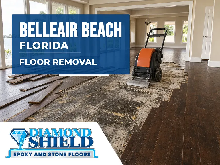 Floor removal company machine lifting tile from a slab in Belleair Beach, FL