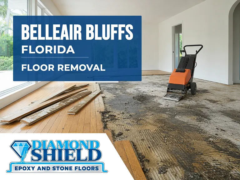 Floor removal company machine lifting tile from a slab in Belleair Bluffs, FL