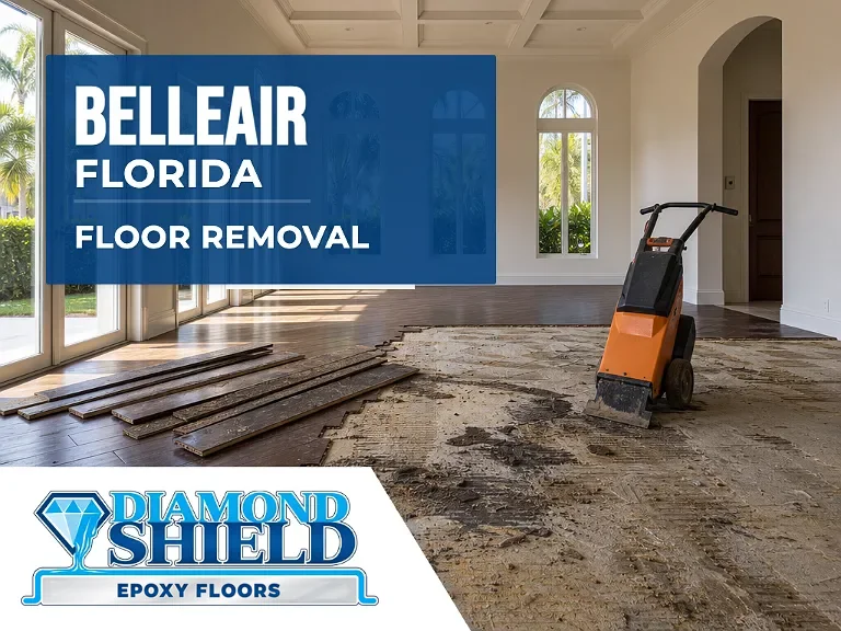 Floor removal company machine lifting tile from a slab in Belleair, FL