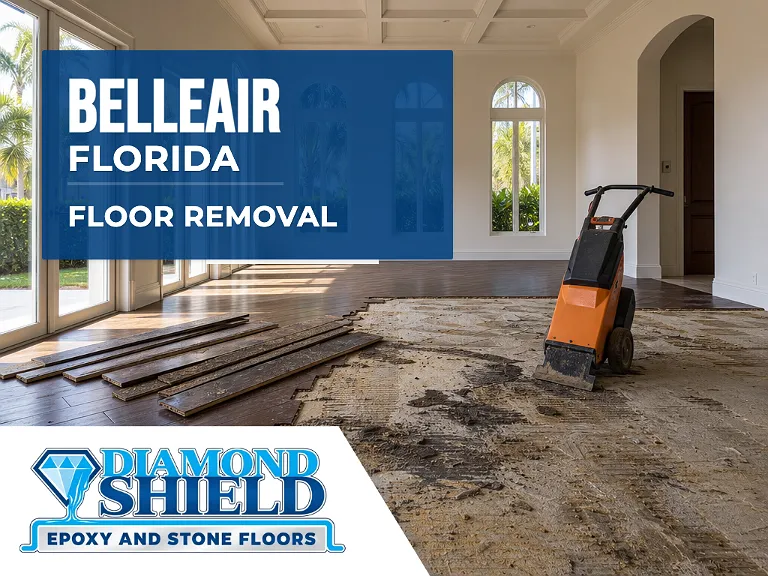 Floor removal company machine lifting tile from a slab in Belleair, FL