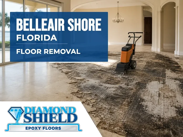 Floor removal company machine lifting tile from a slab in Belleair Shore, FL