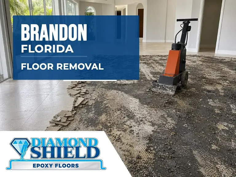 Floor removal company machine lifting tile from a slab in Brandon, FL