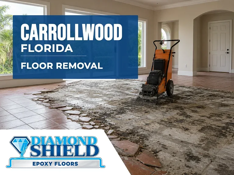 Floor removal company machine lifting tile from a slab in Carrollwood, FL