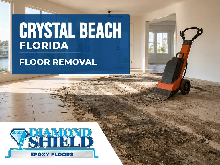 Floor removal company machine lifting tile from a slab in Crystal Beach, FL