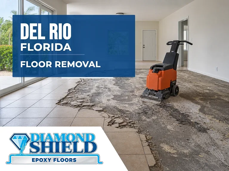 Floor removal company machine lifting tile from a slab in Del Rio, FL